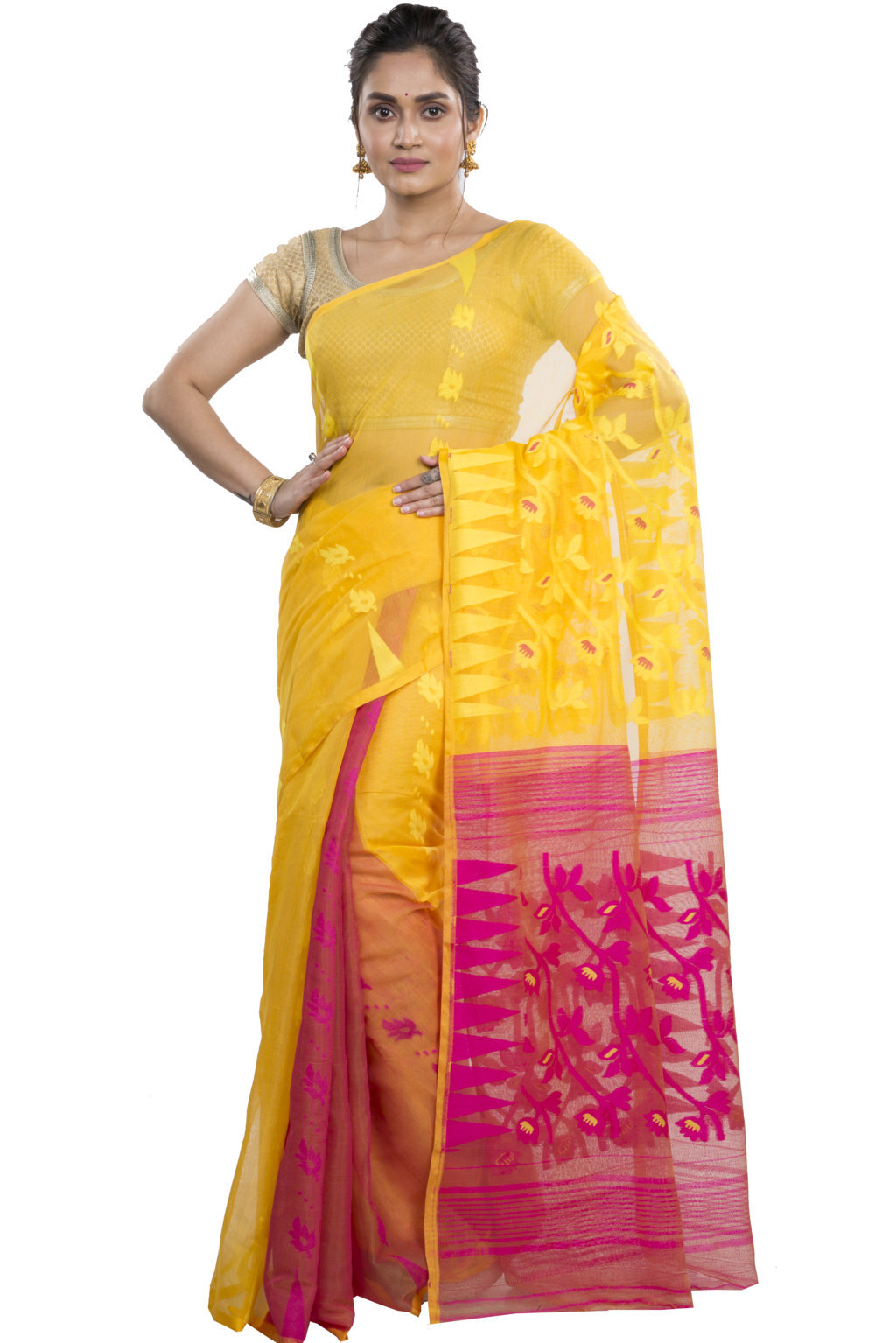 Yellow Rani Blended Cotton Moha_Jamdani Jamdani Saree (811)
